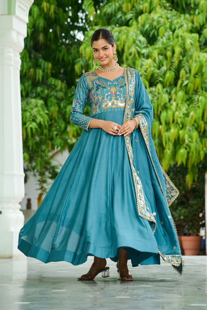 Mahveenah Teal Blue Gown with Dupatta