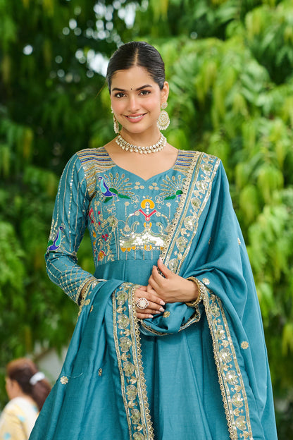 Mahveenah Teal Blue Gown with Dupatta