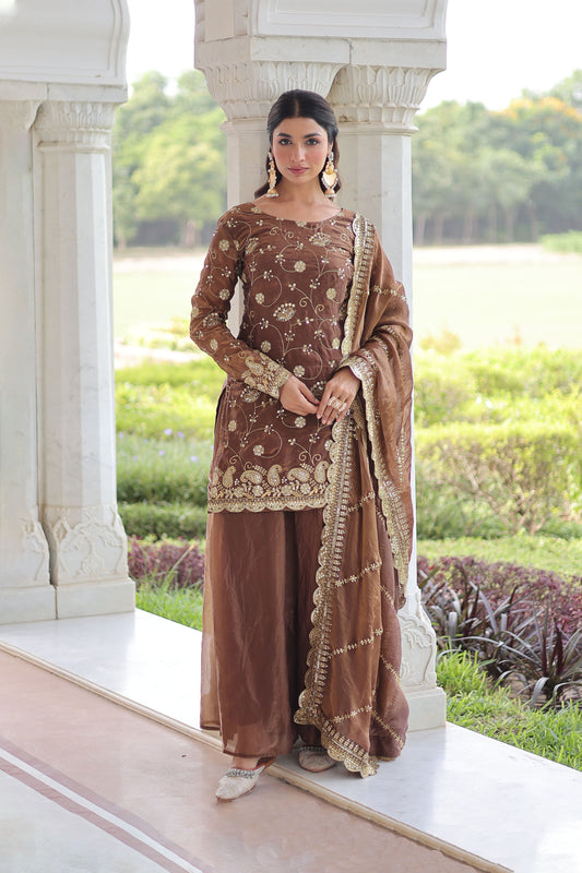 Coffee Brown Embroidered Kurta Sharara Set