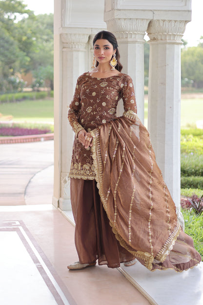 Coffee Brown Embroidered Kurta Sharara Set