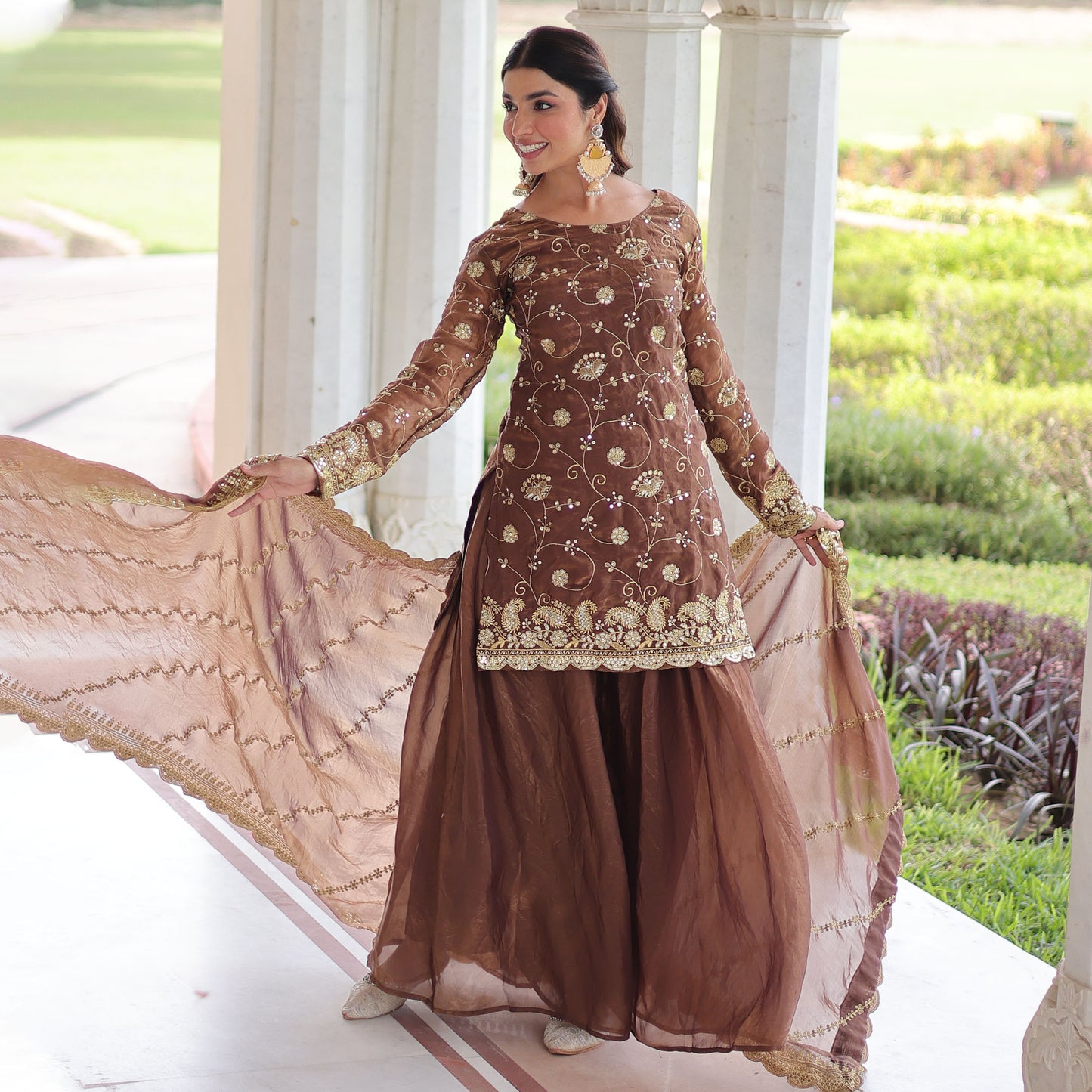 Coffee Brown Embroidered Kurta Sharara Set
