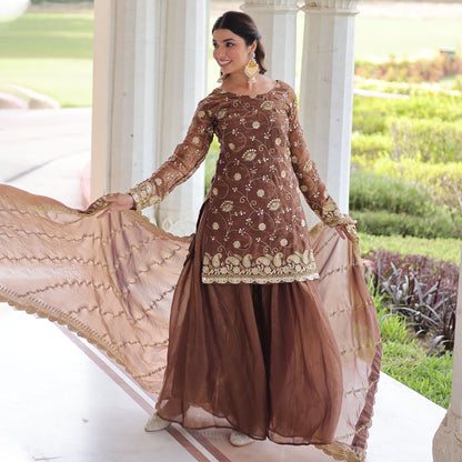 Coffee Brown Embroidered Kurta Sharara Set