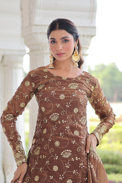 Coffee Brown Embroidered Kurta Sharara Set