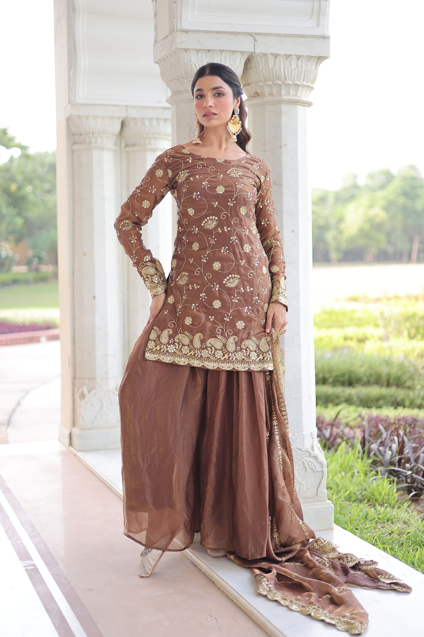 Coffee Brown Embroidered Kurta Sharara Set
