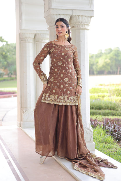 Coffee Brown Embroidered Kurta Sharara Set
