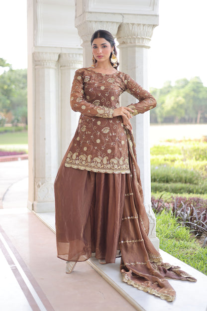 Coffee Brown Embroidered Kurta Sharara Set