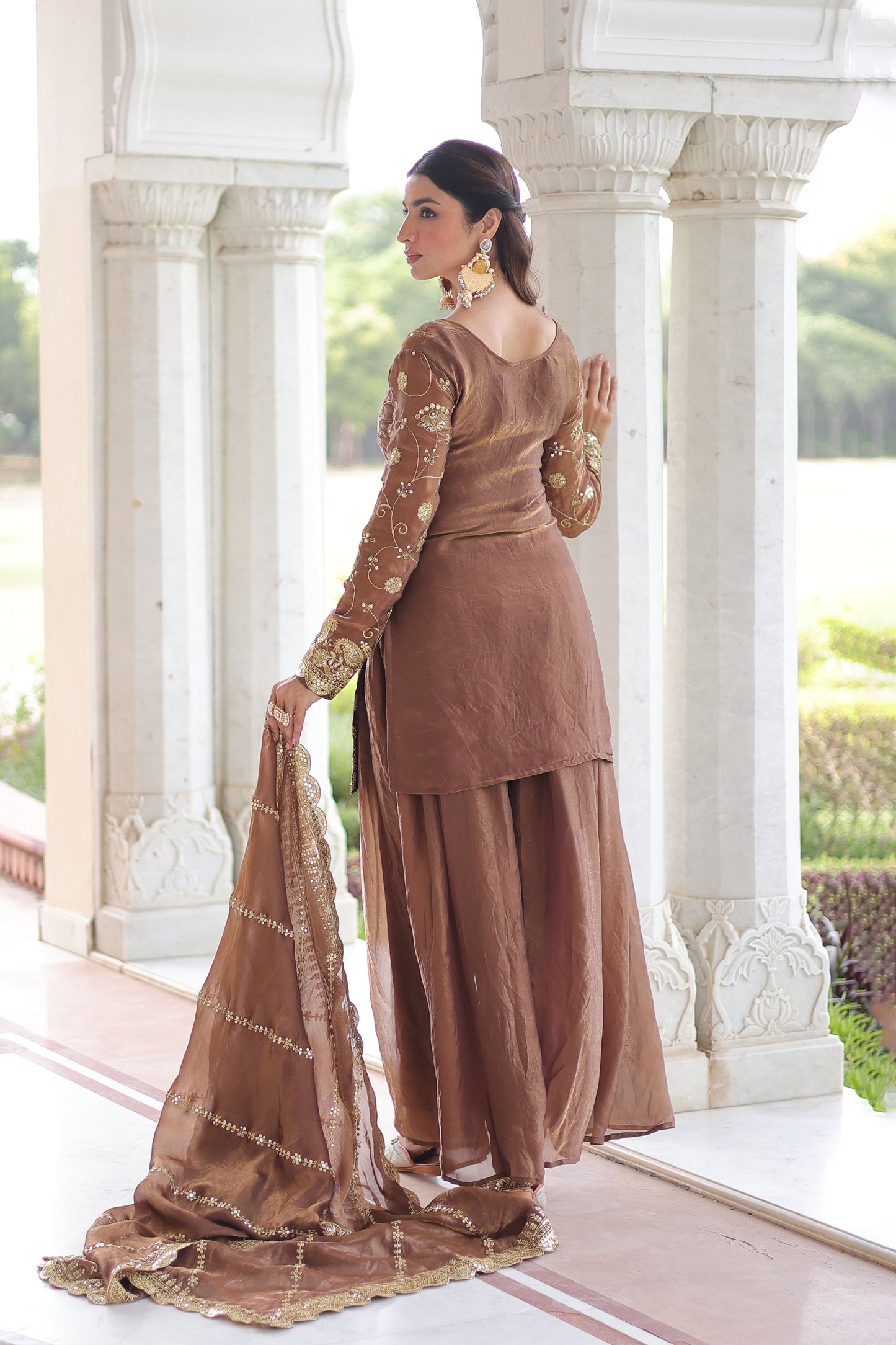 Coffee Brown Embroidered Kurta Sharara Set