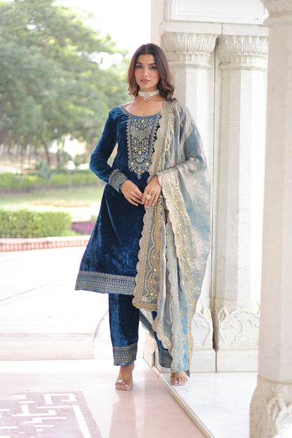 Royal Blue Velvet Embroidered Kurta Set