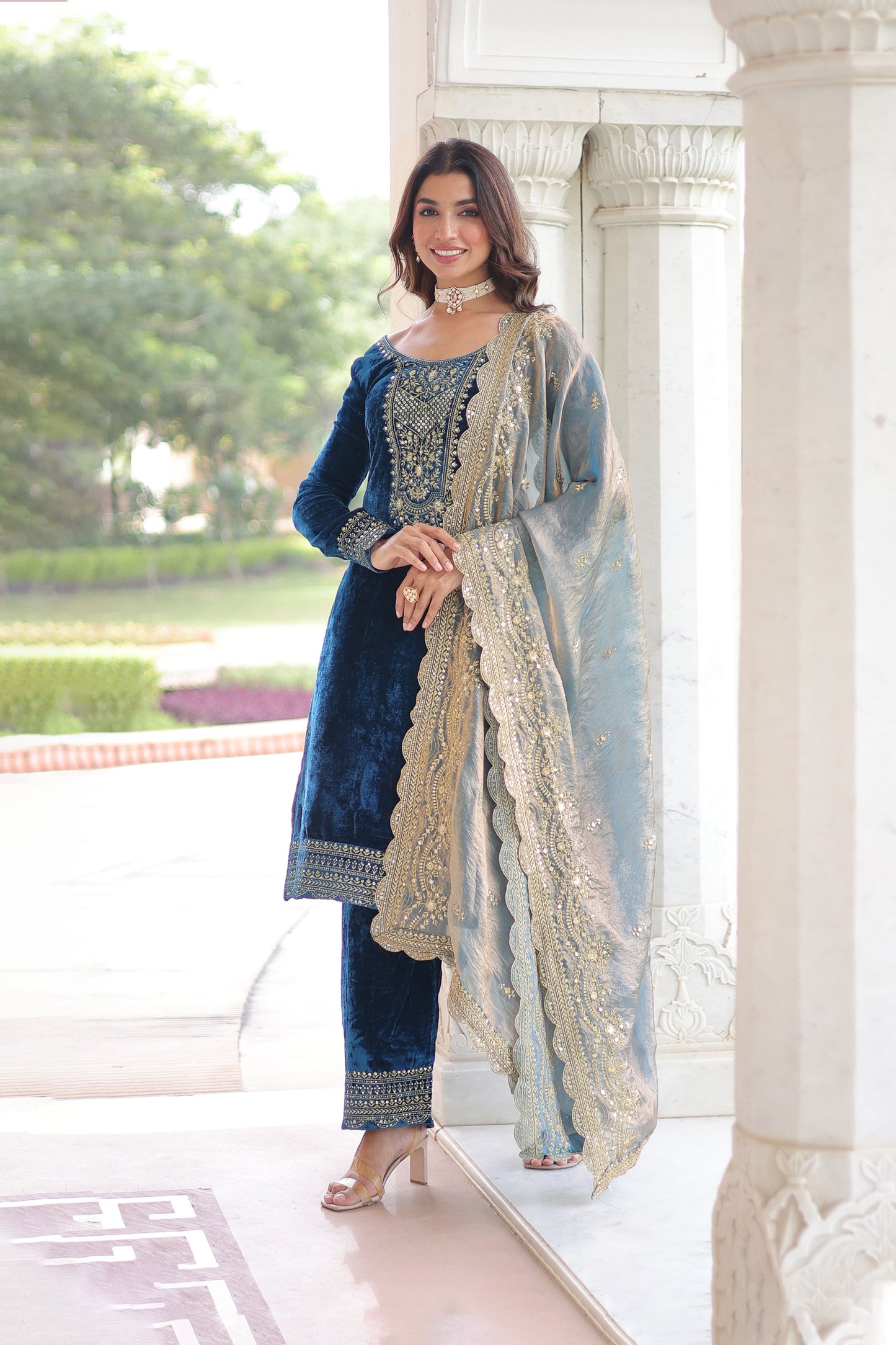 Royal Blue Velvet Embroidered Kurta Set