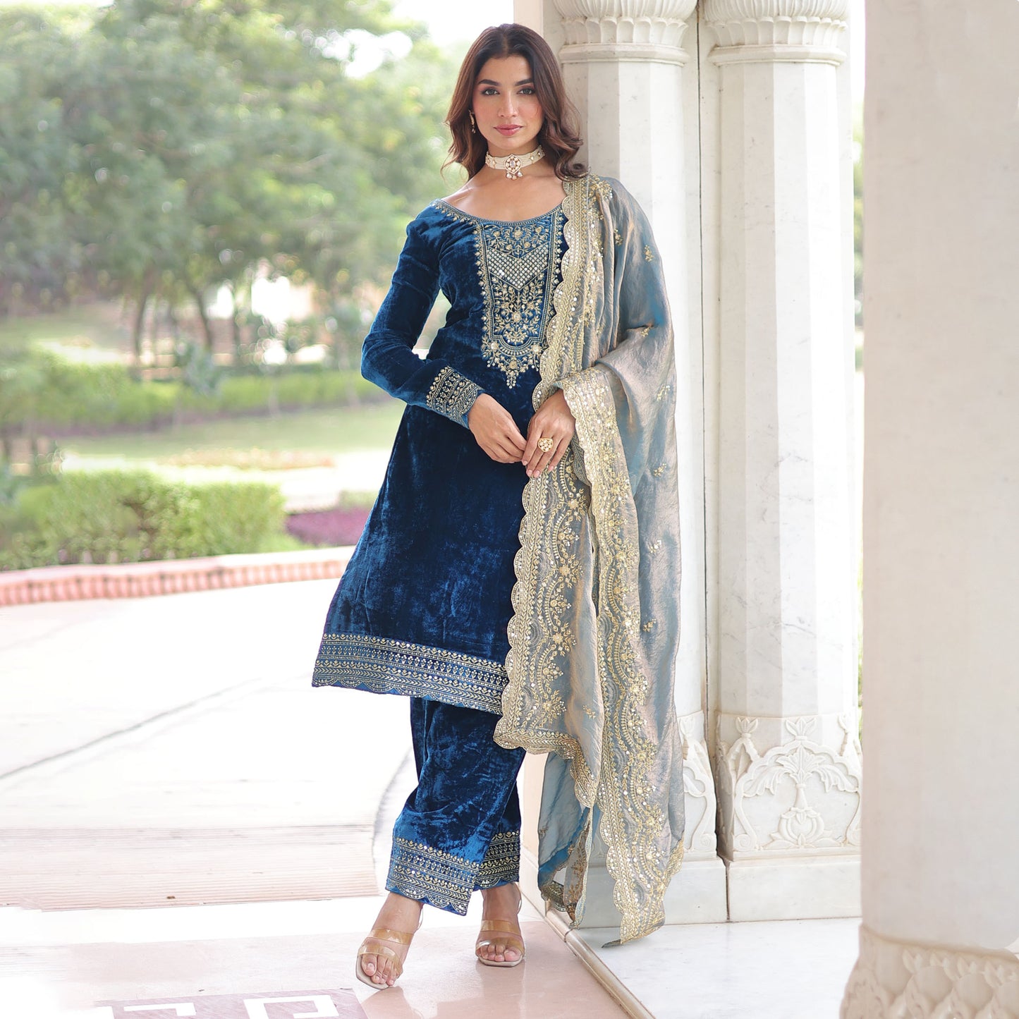 Royal Blue Velvet Embroidered Kurta Set