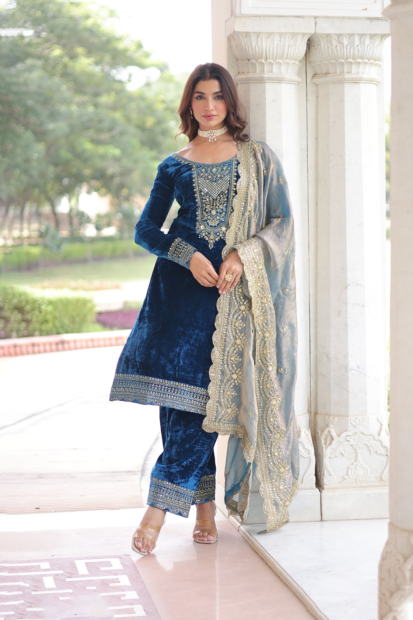 Royal Blue Velvet Embroidered Kurta Set