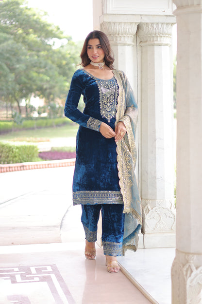 Royal Blue Velvet Embroidered Kurta Set