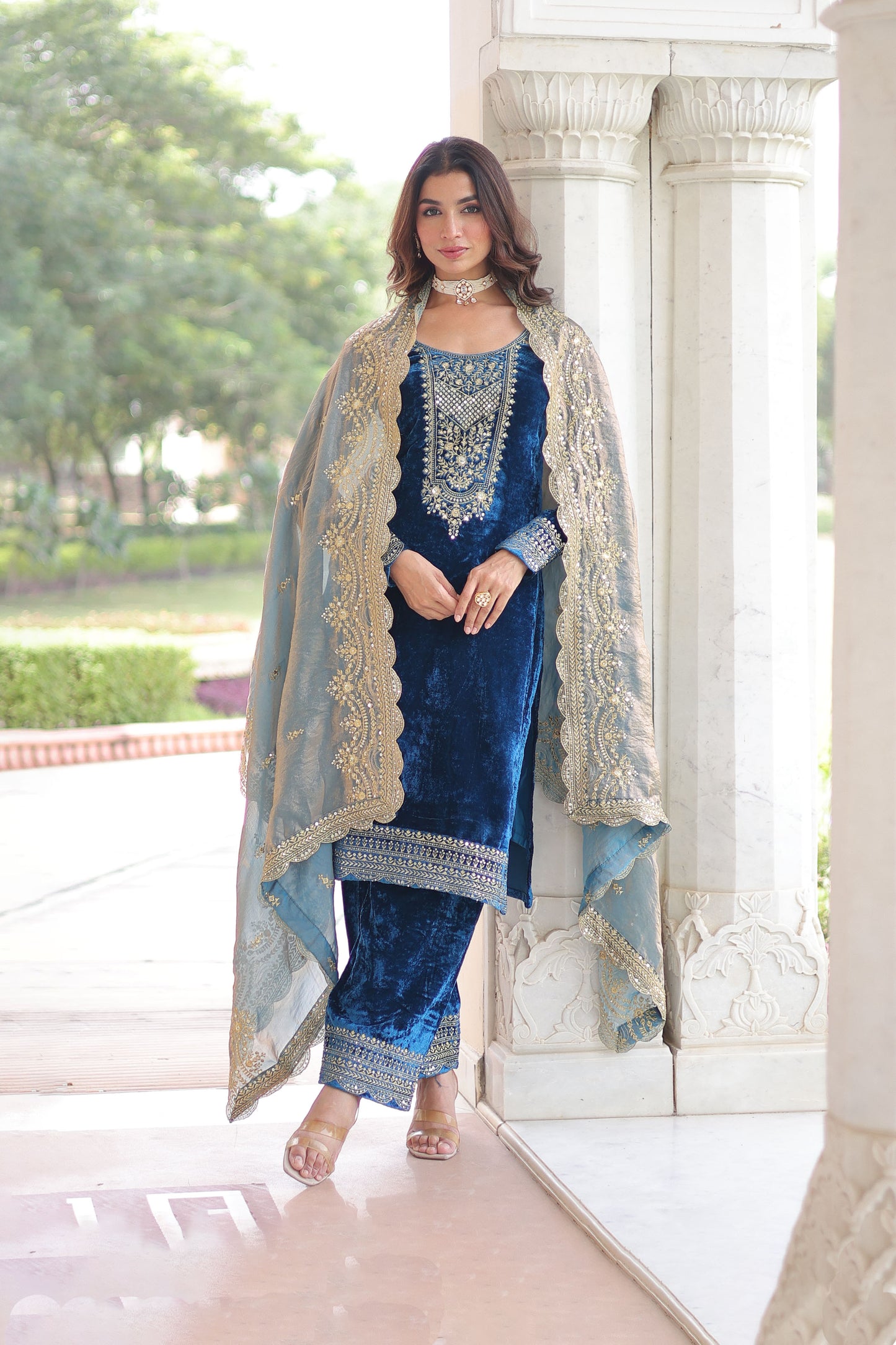 Royal Blue Velvet Embroidered Kurta Set