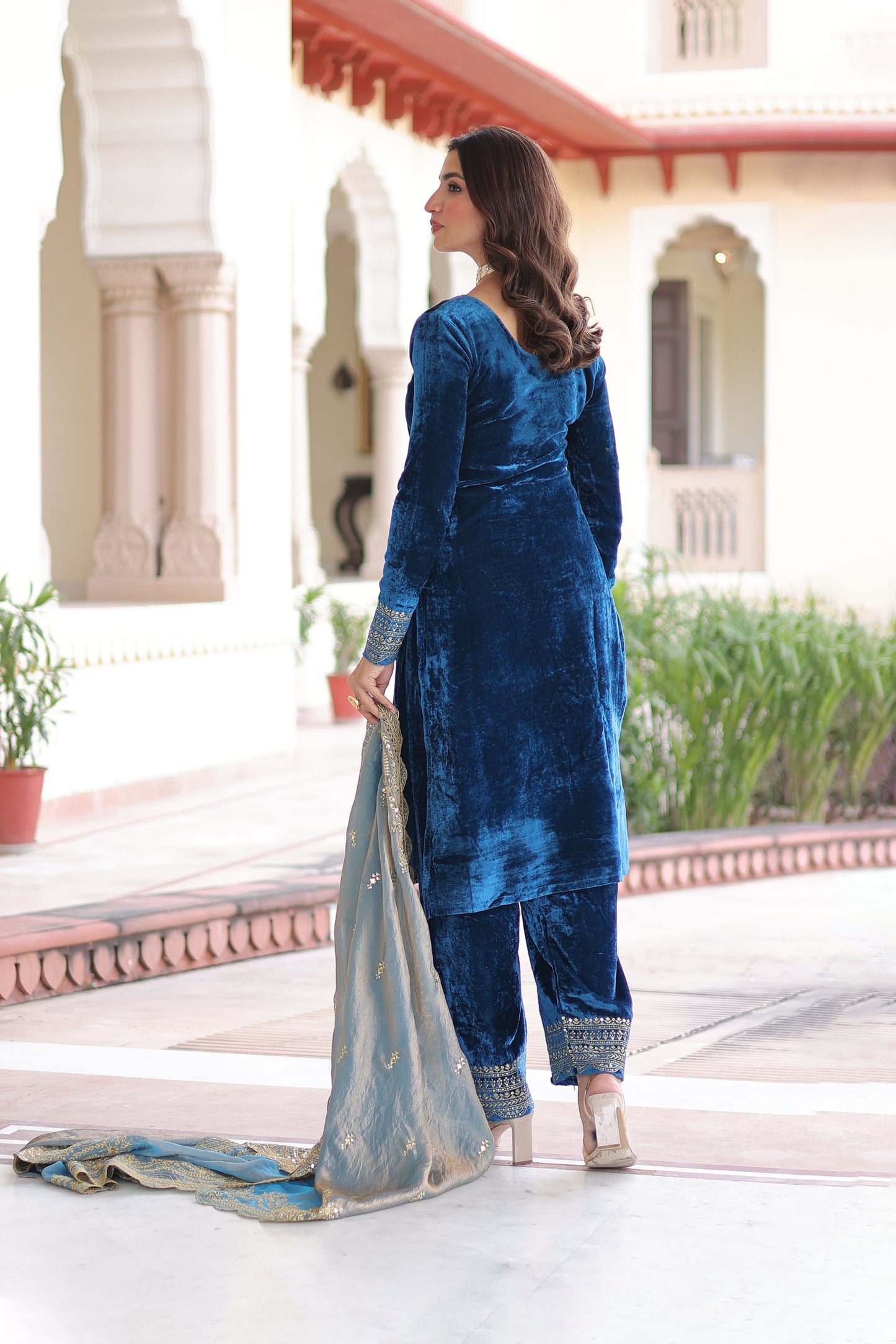 Royal Blue Velvet Embroidered Kurta Set