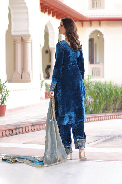 Royal Blue Velvet Embroidered Kurta Set