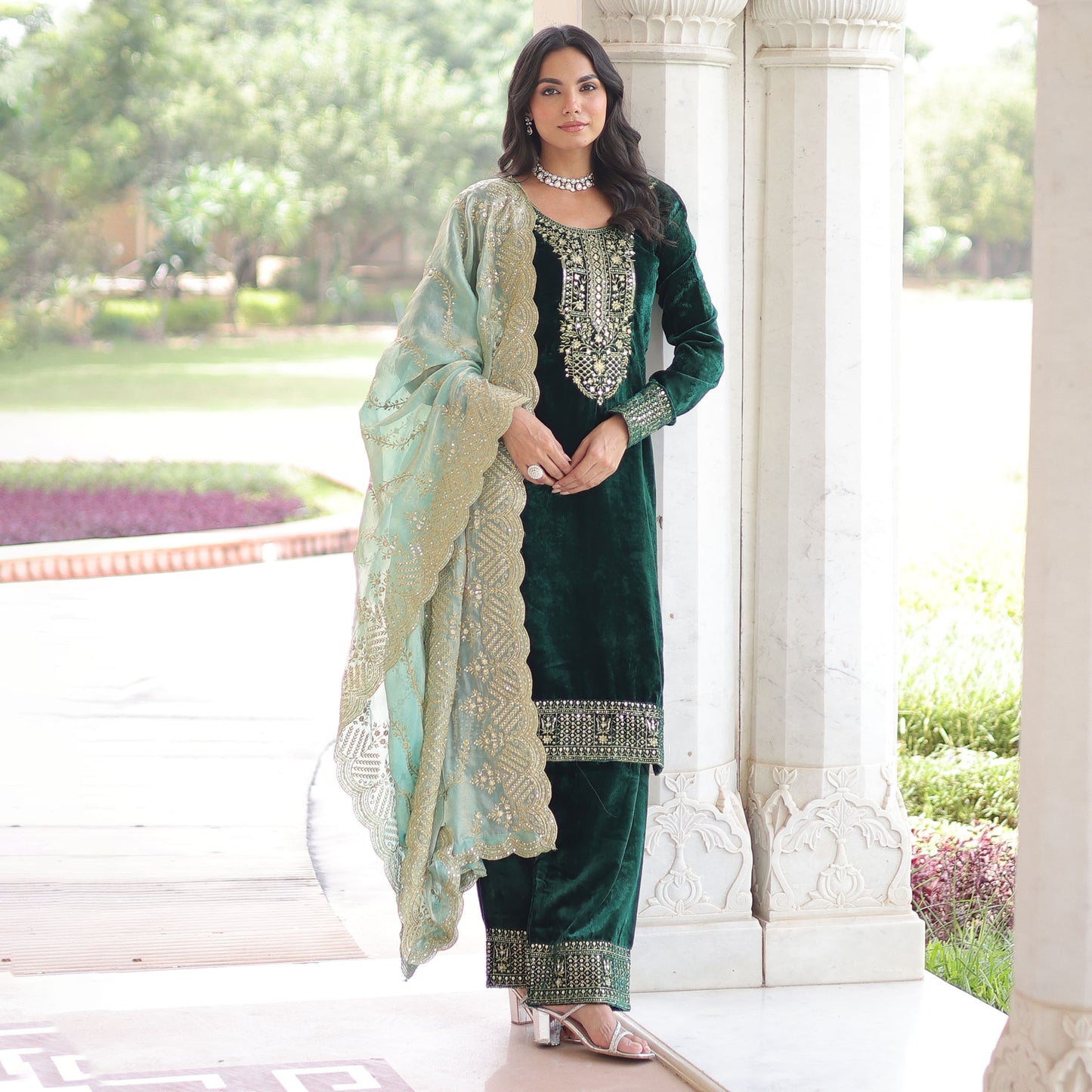 Emerald Green Velvet Embroidered Kurta Set