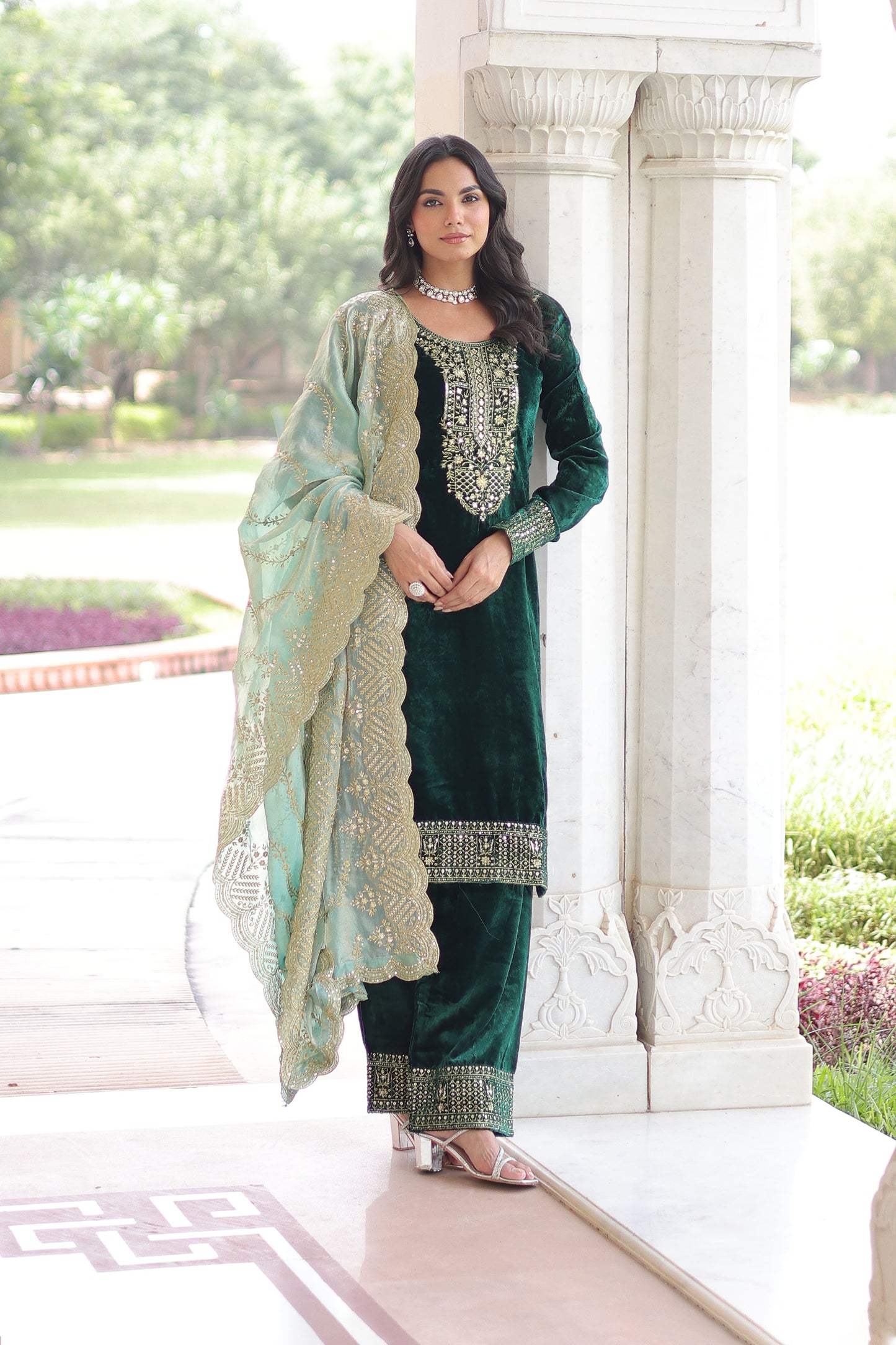 Emerald Green Velvet Embroidered Kurta Set