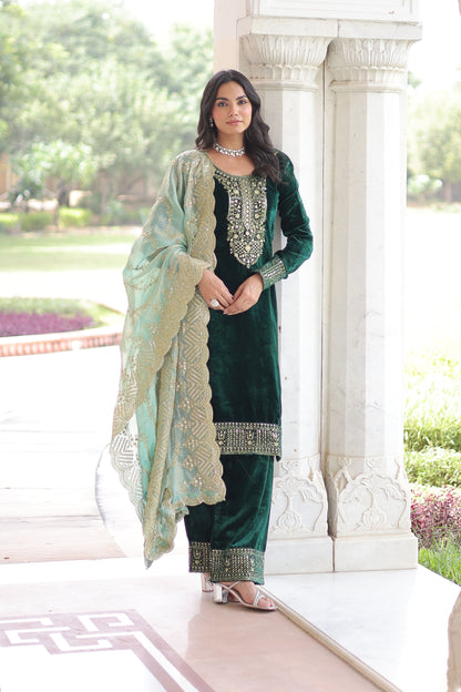 Emerald Green Velvet Embroidered Kurta Set