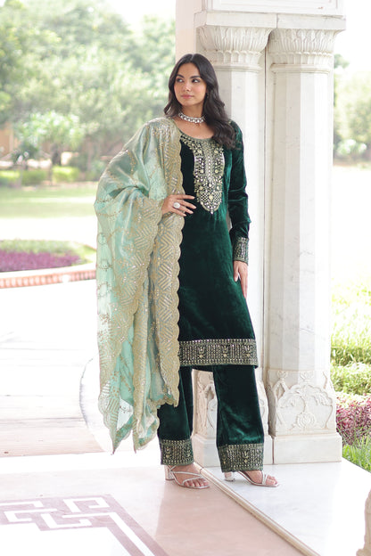 Emerald Green Velvet Embroidered Kurta Set