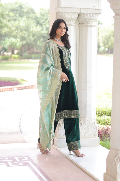 Emerald Green Velvet Embroidered Kurta Set