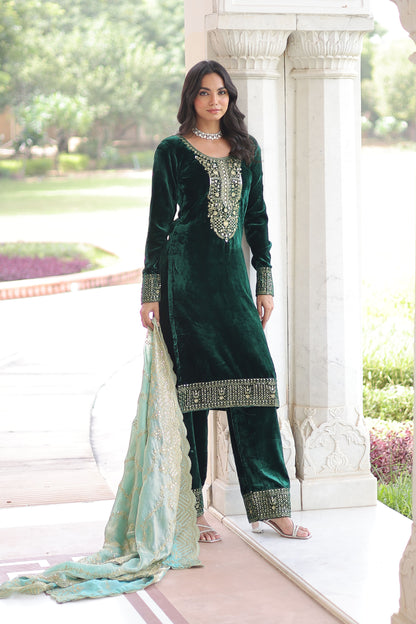 Emerald Green Velvet Embroidered Kurta Set