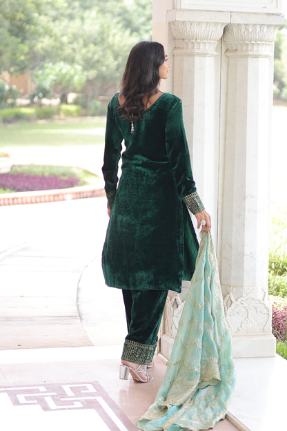 Emerald Green Velvet Embroidered Kurta Set