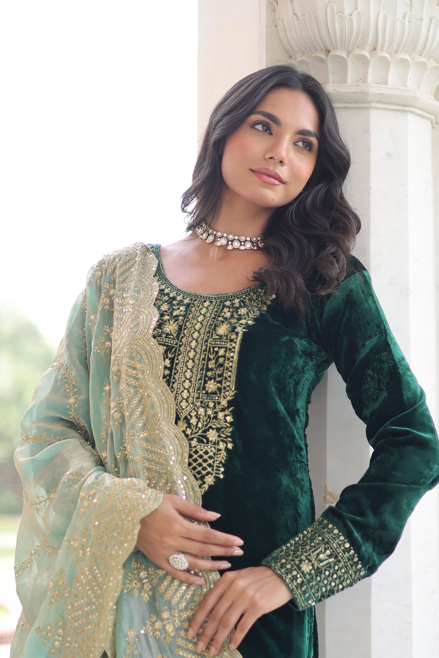 Emerald Green Velvet Embroidered Kurta Set
