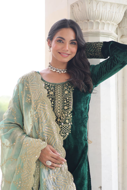 Emerald Green Velvet Embroidered Kurta Set