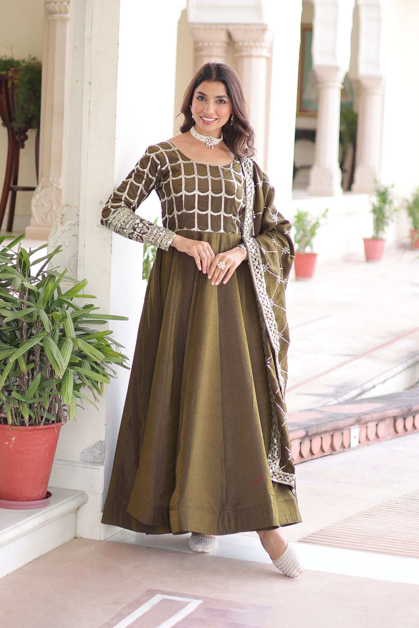 Mehndi Olive Green Gown with Dupatta