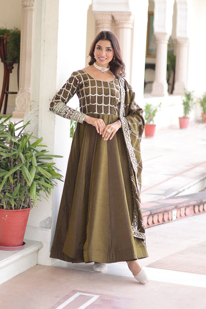 Mehndi Olive Green Gown with Dupatta