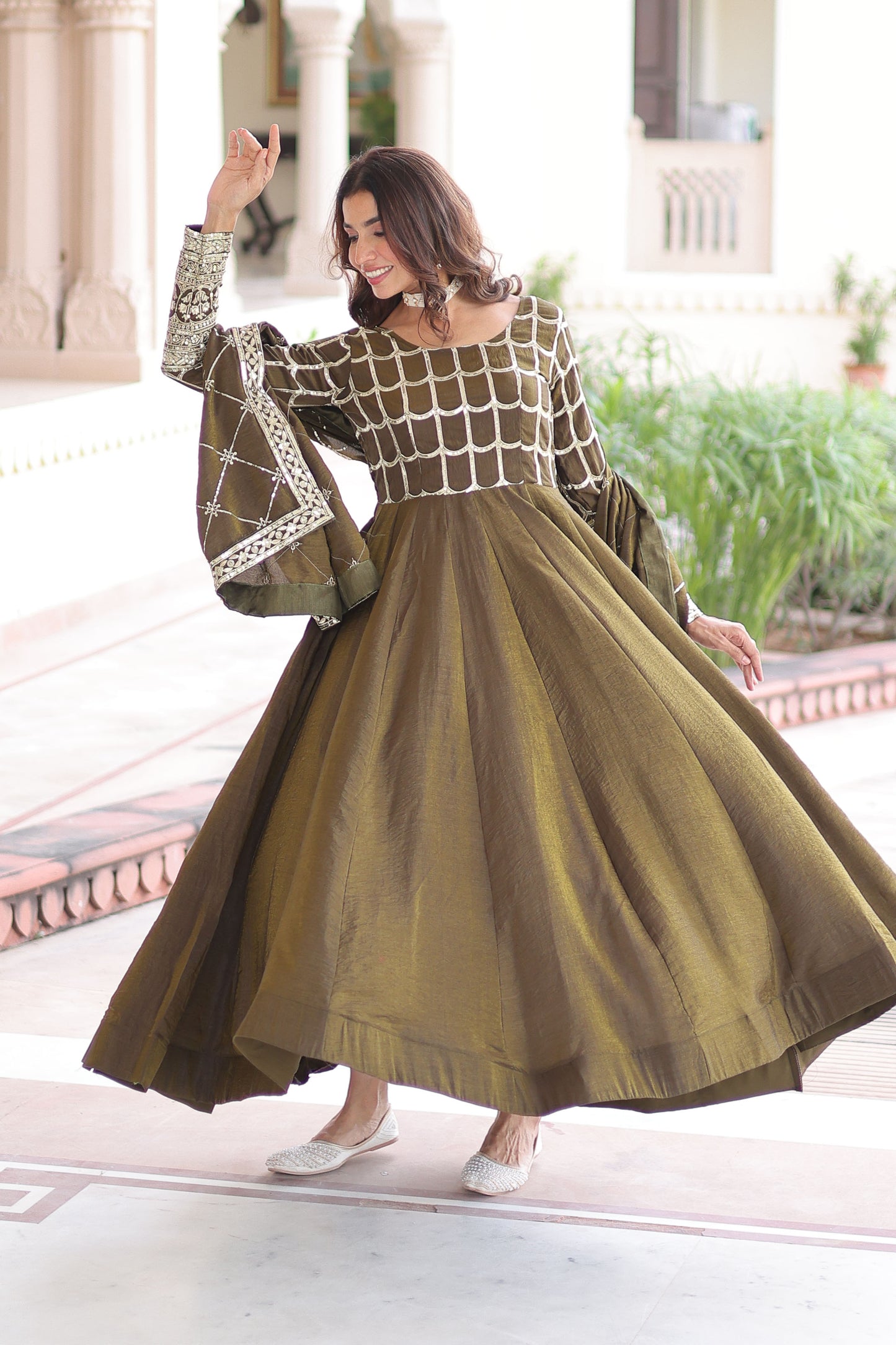 Mehndi Olive Green Gown with Dupatta