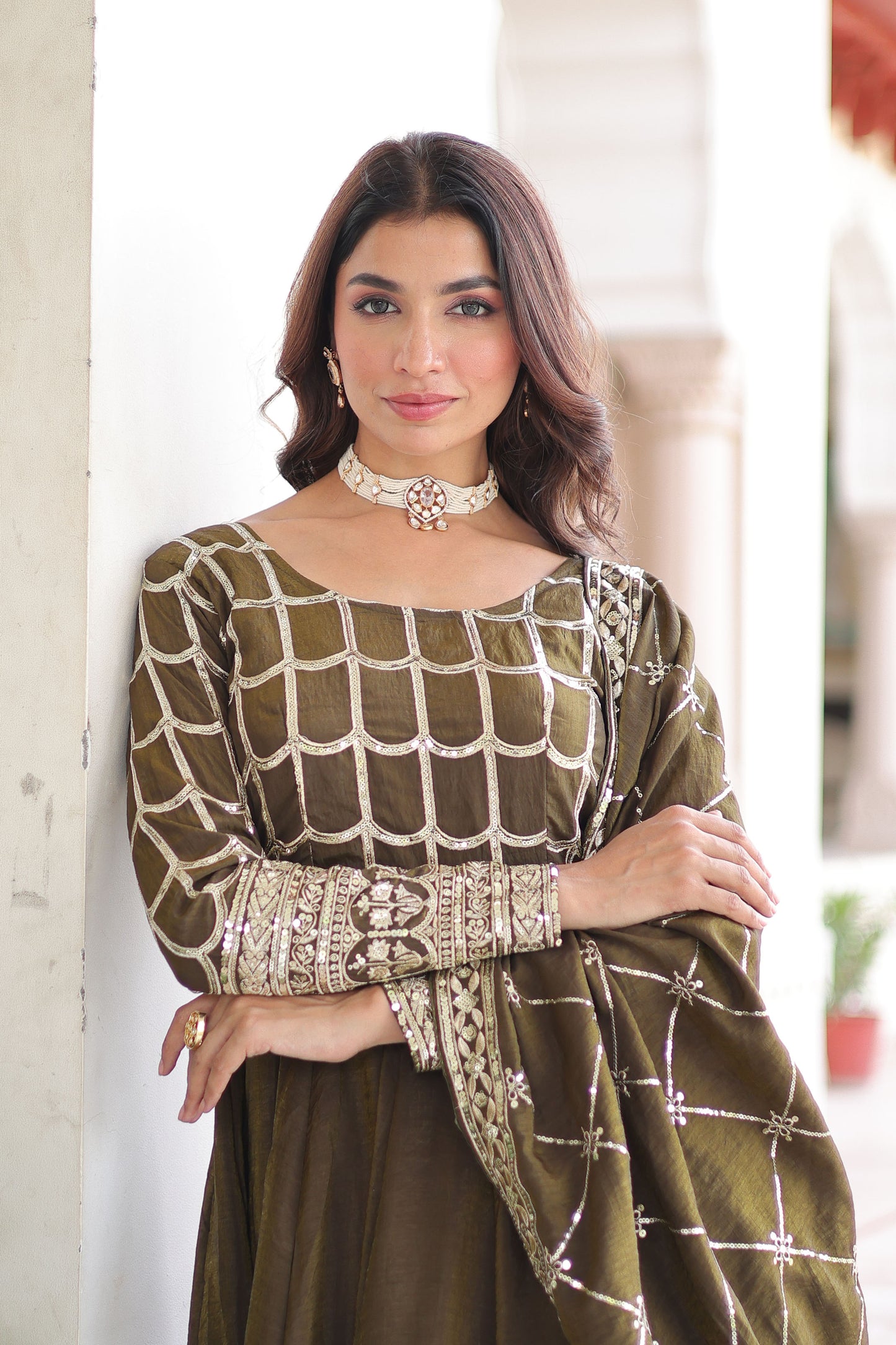 Mehndi Olive Green Gown with Dupatta