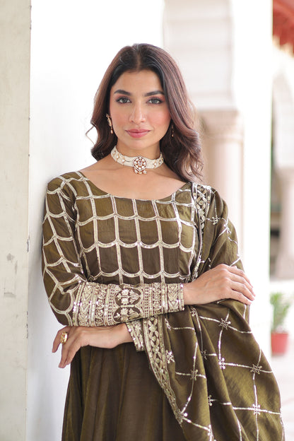 Mehndi Olive Green Gown with Dupatta