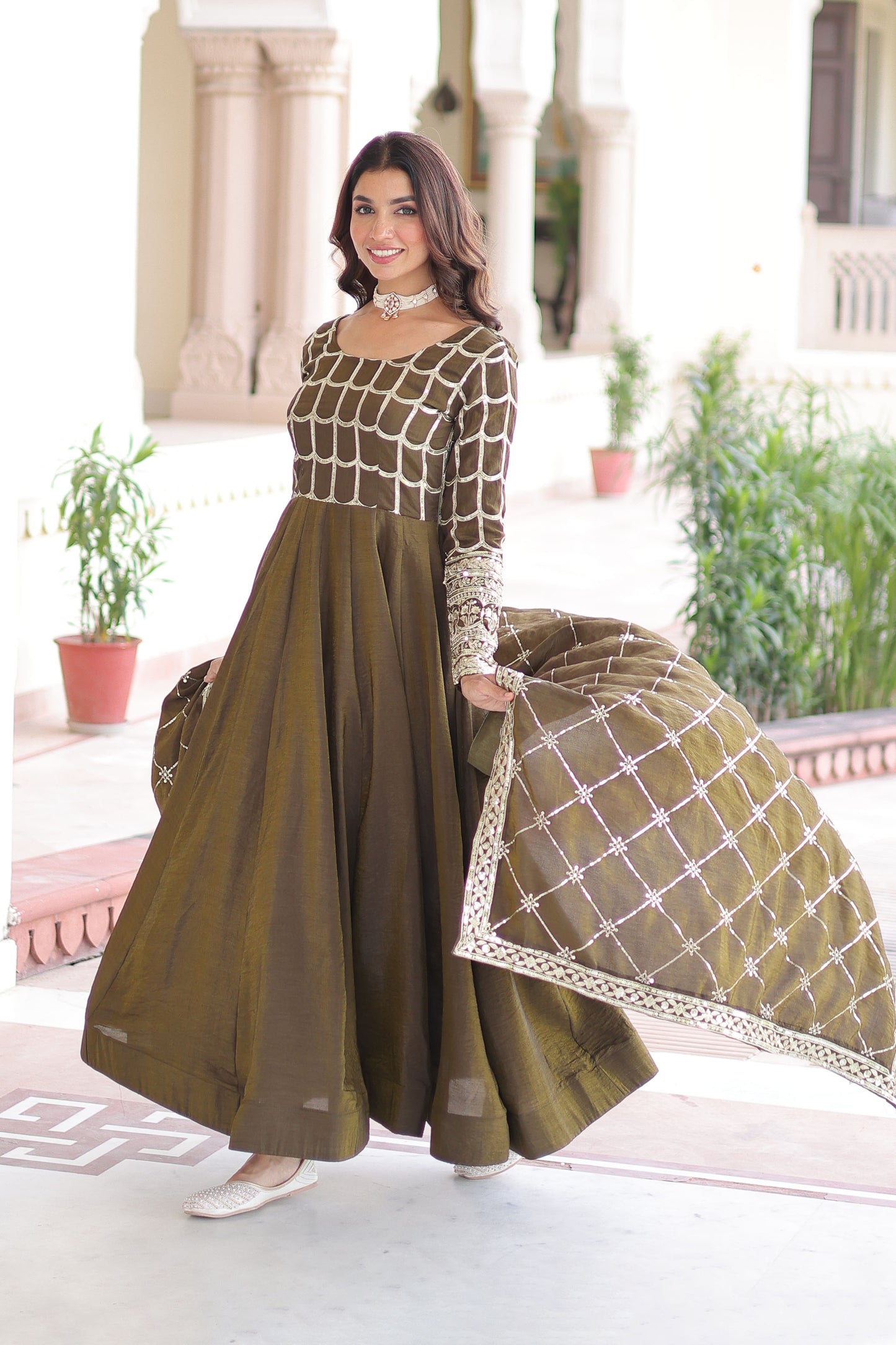Mehndi Olive Green Gown with Dupatta