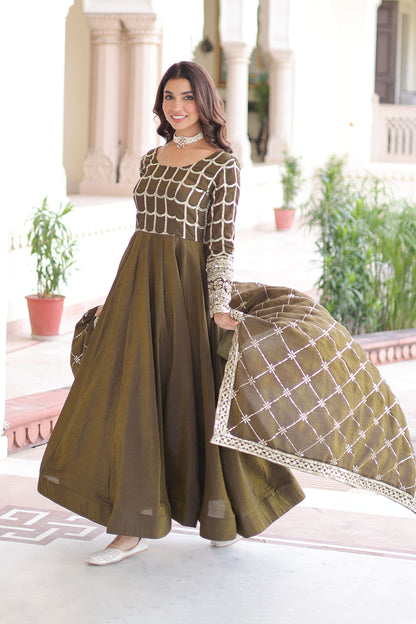 Mehndi Olive Green Gown with Dupatta