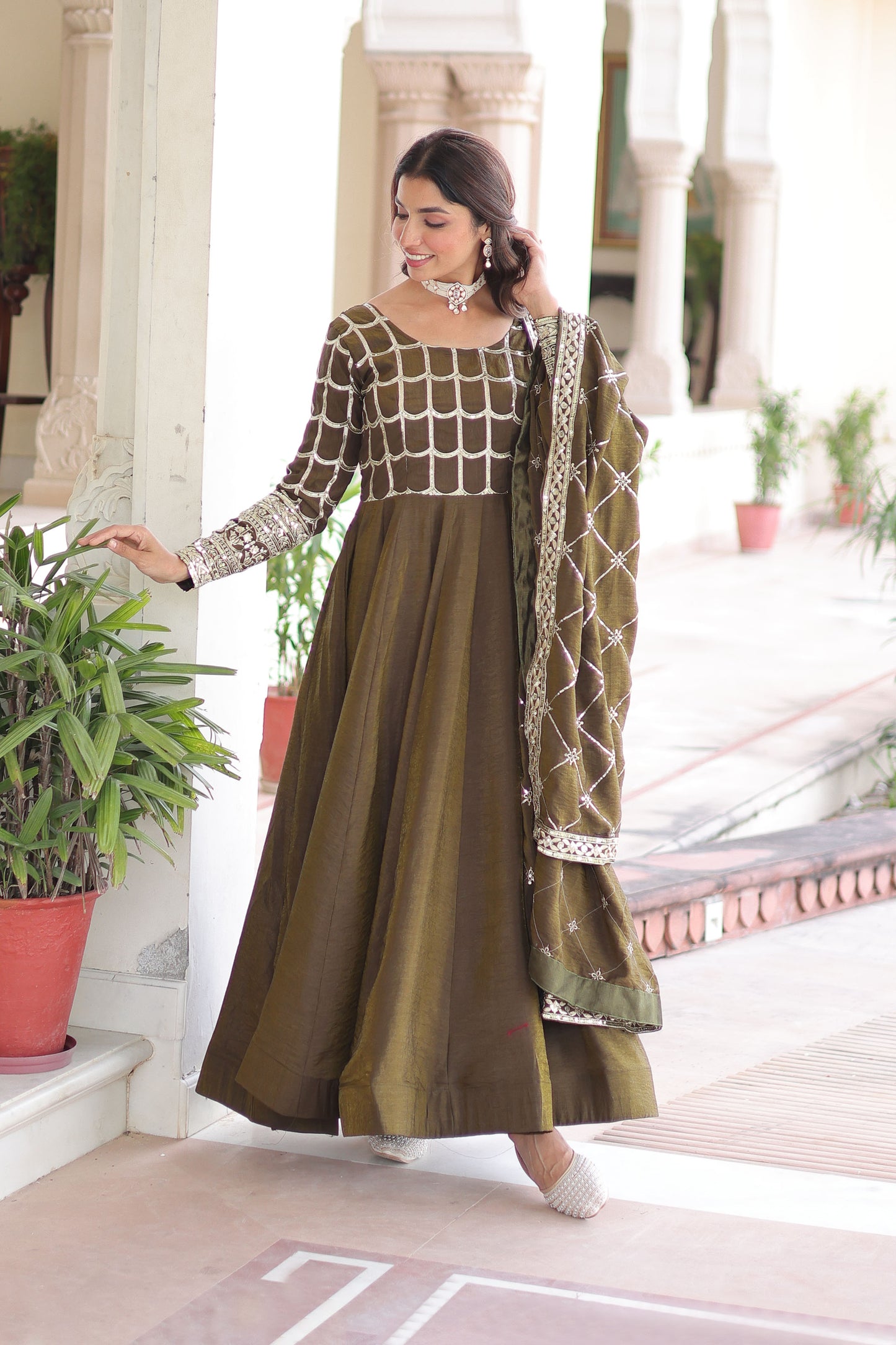 Mehndi Olive Green Gown with Dupatta