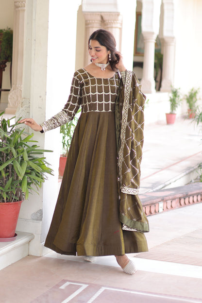 Mehndi Olive Green Gown with Dupatta