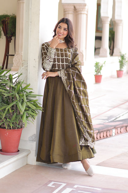 Mehndi Olive Green Gown with Dupatta