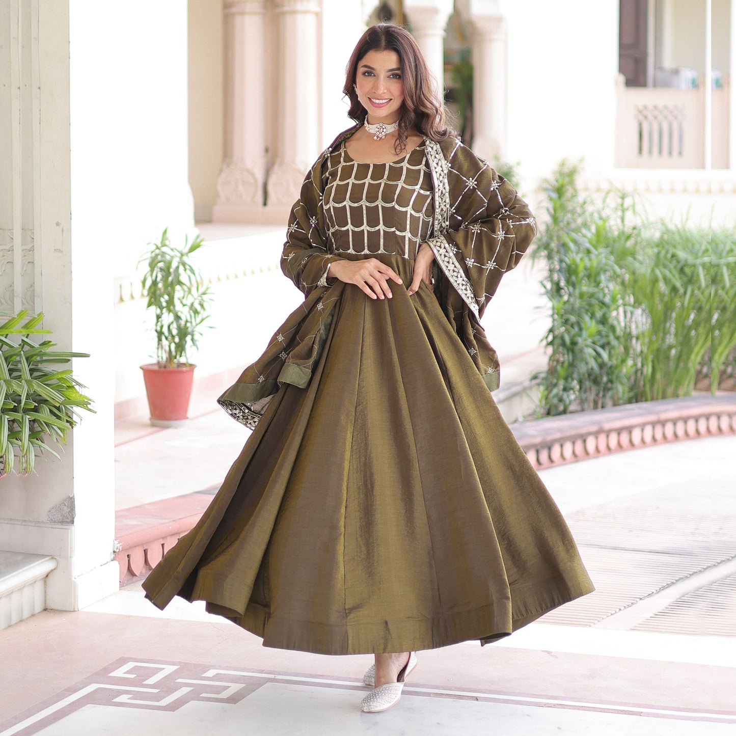 Mehndi Olive Green Gown with Dupatta