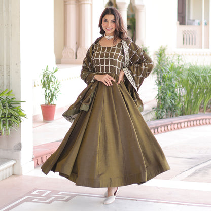 Mehndi Olive Green Gown with Dupatta