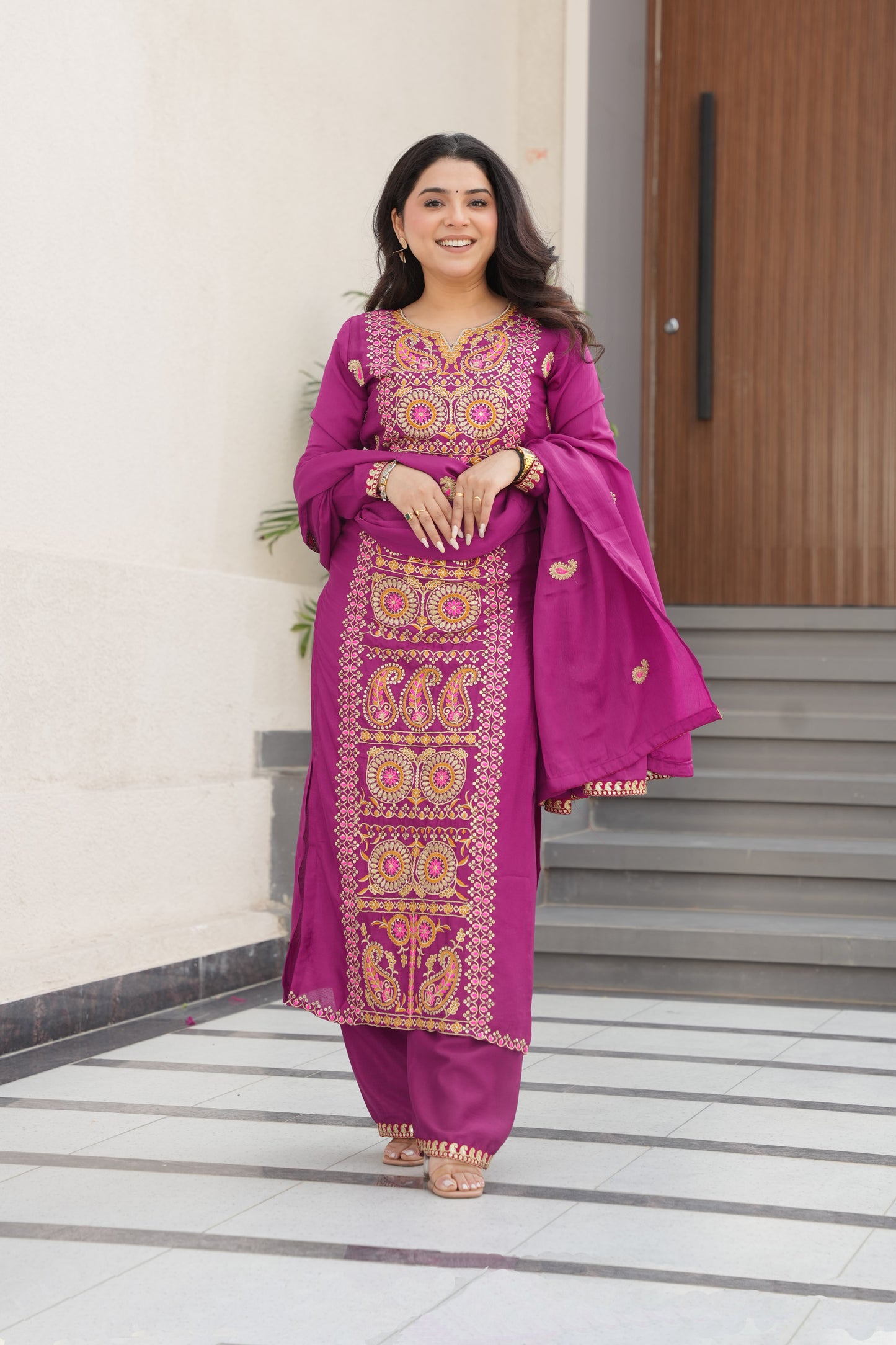 Magenta Embroidered Kurta Set