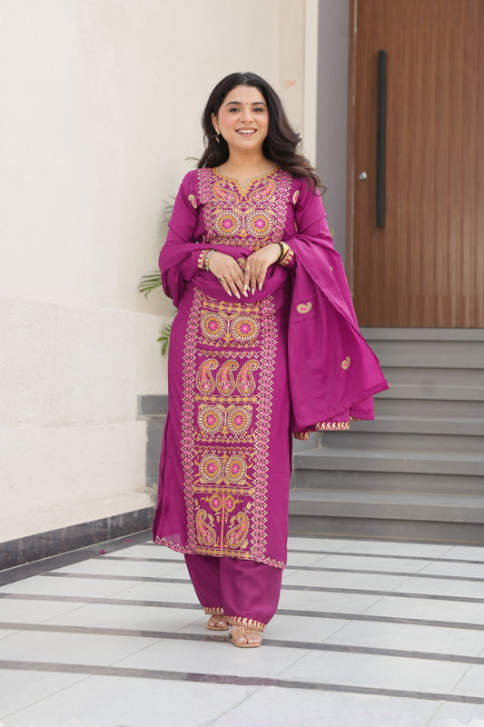 Magenta Embroidered Kurta Set