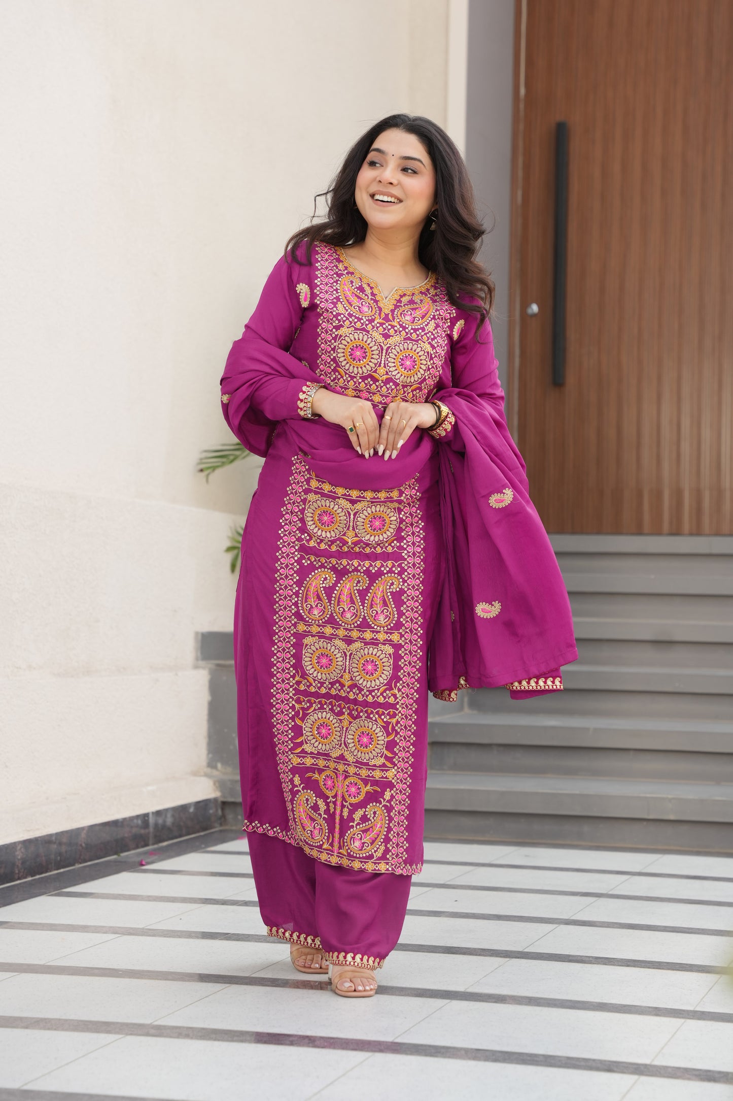 Magenta Embroidered Kurta Set