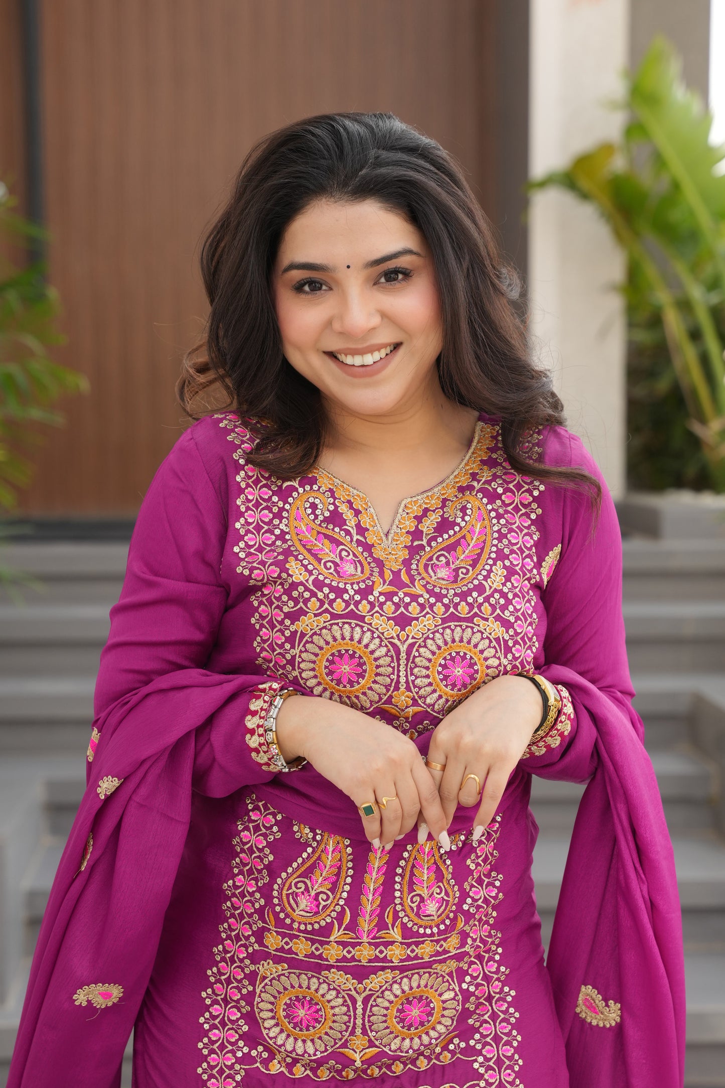 Magenta Embroidered Kurta Set