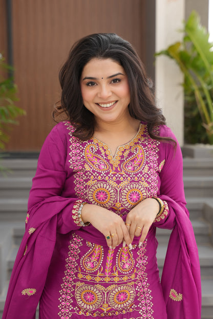 Magenta Embroidered Kurta Set