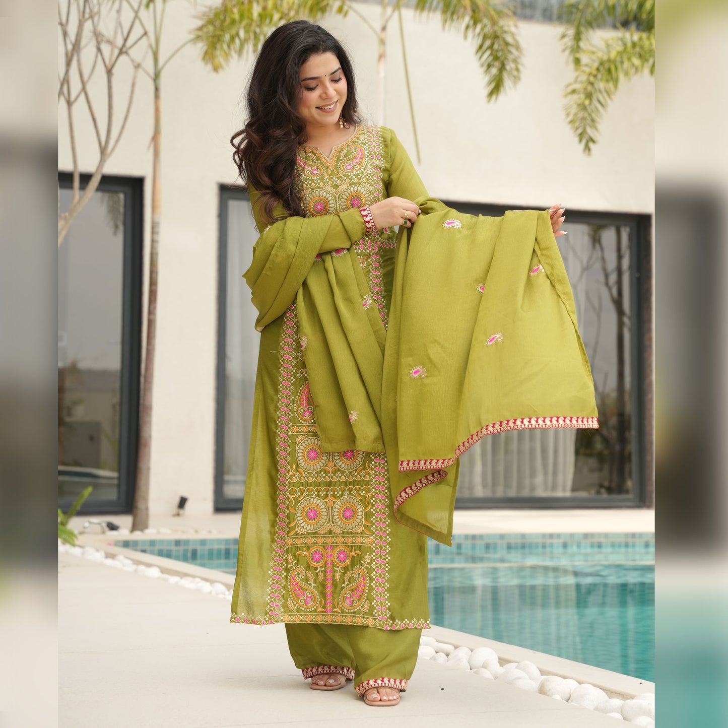 Olive Green Embroidered Kurta Set