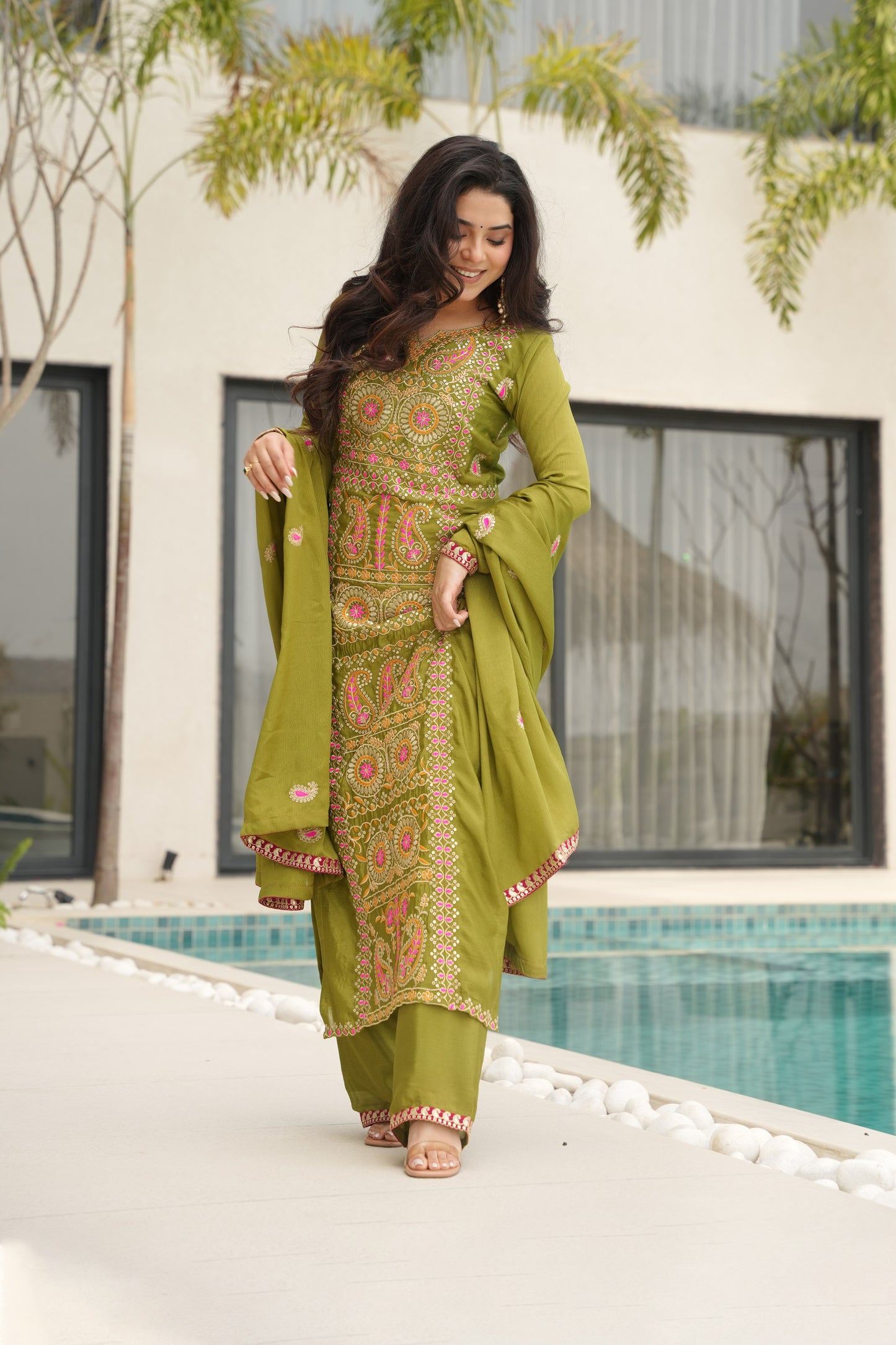 Olive Green Embroidered Kurta Set
