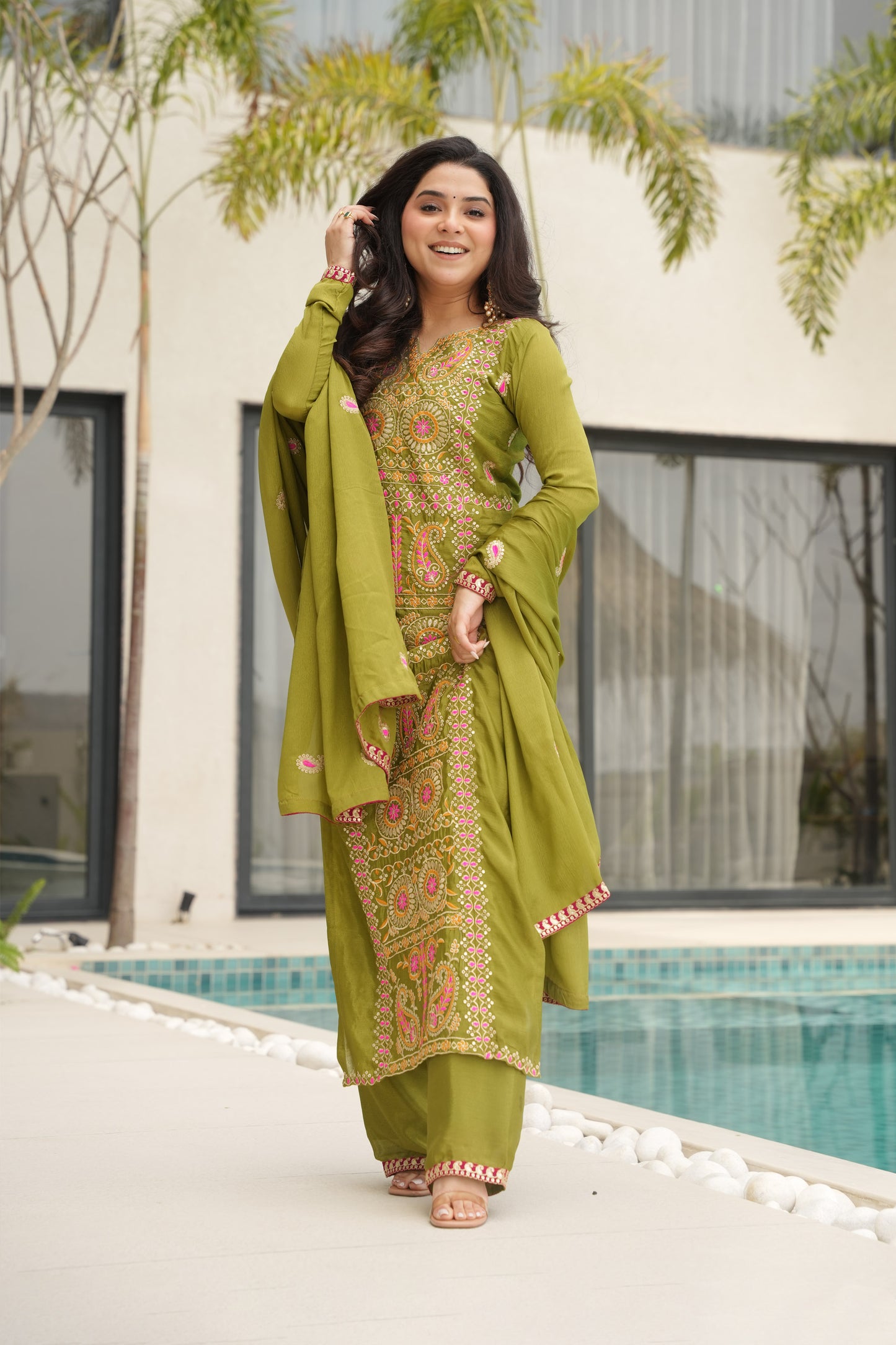 Olive Green Embroidered Kurta Set