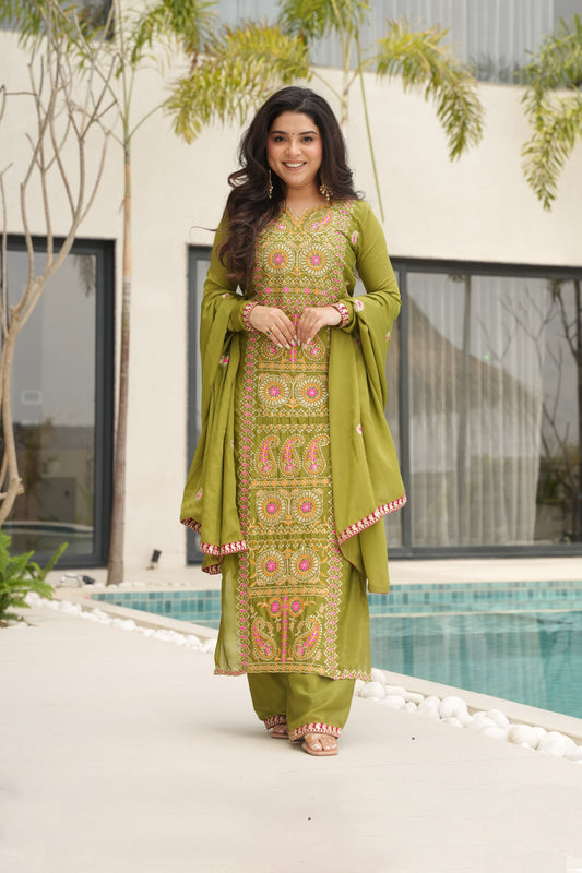 Olive Green Embroidered Kurta Set