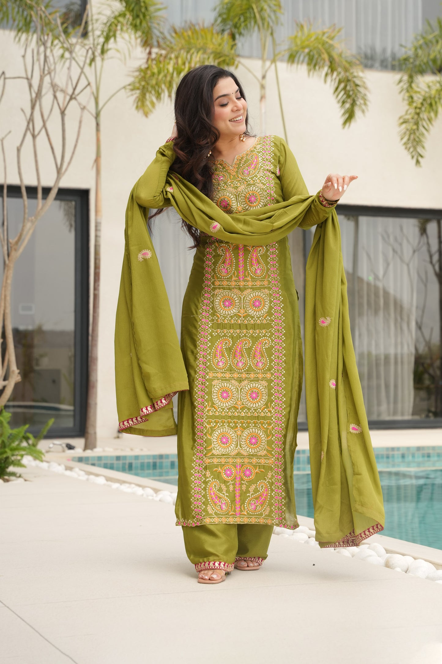 Olive Green Embroidered Kurta Set
